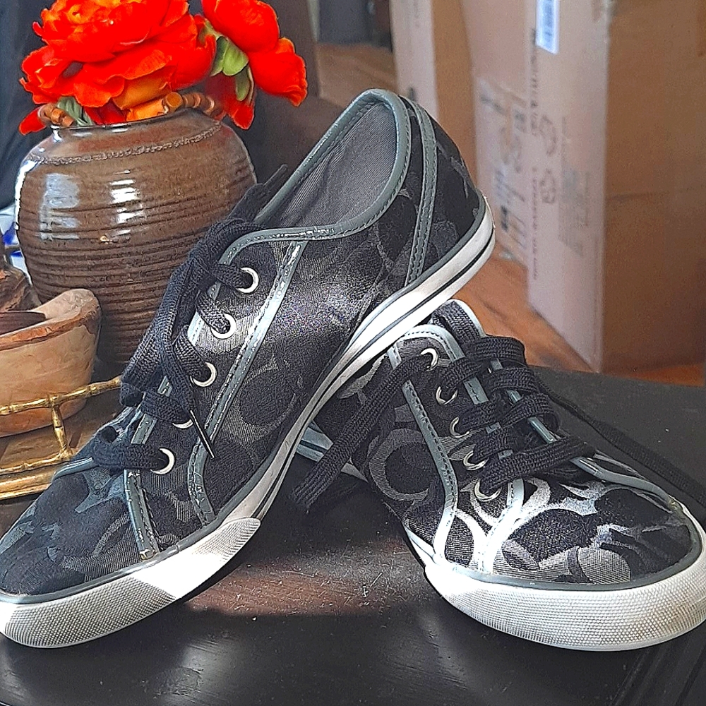 Coach DEE Black/Gray Monogram C Fabric Sneakers Sz 8